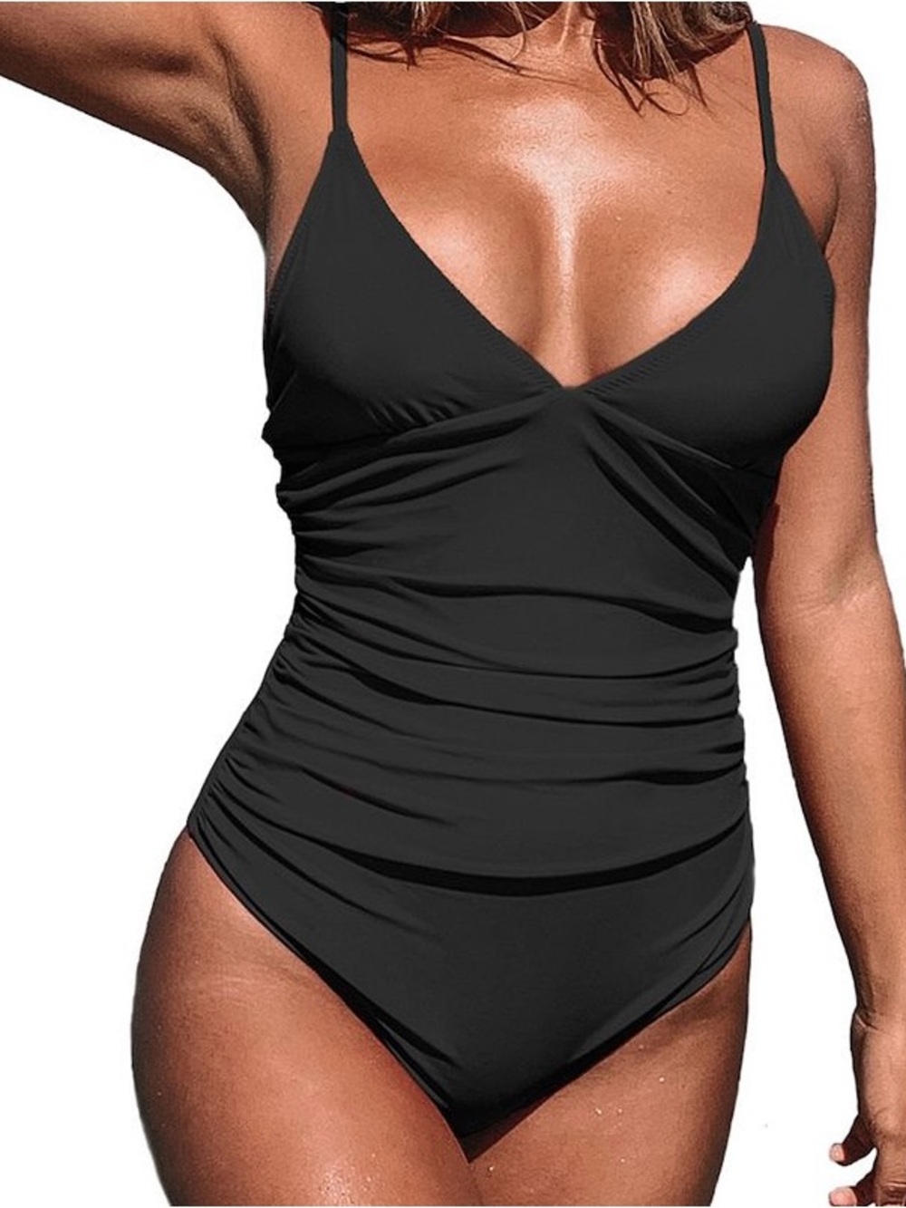 Cupshe Ruched V-Neck One-Piece Swimsuit - Black